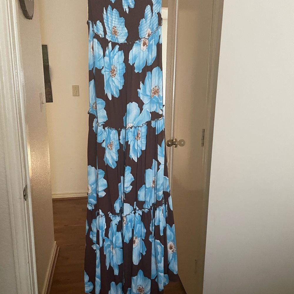 ABEL THE LABEL Brown Maxi Dress with Blue Floral Print